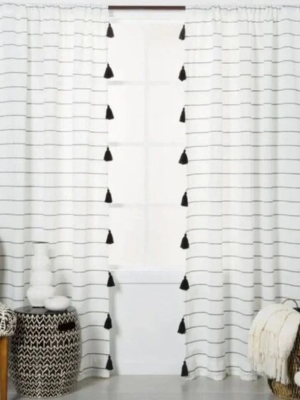 Striped Tassel Window Curtain Panels - White with Black Tassels